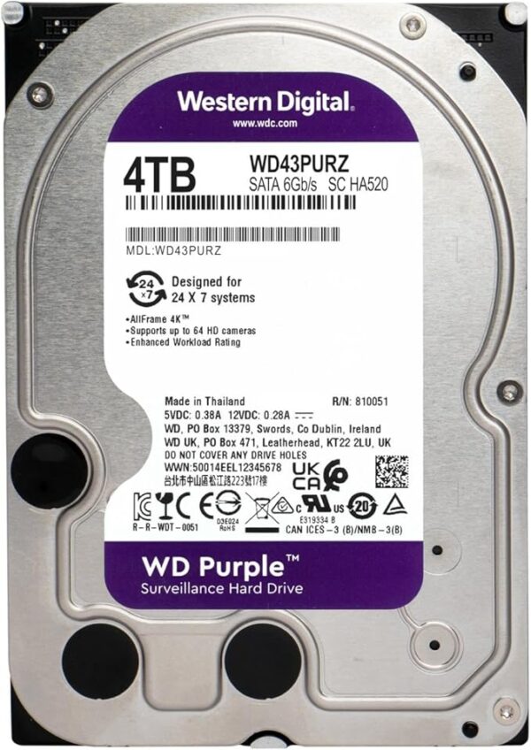 Western Digital WD Purple 4TB Surveillance Hard Drive - Designed for 24/7 Video Recording, AllFrame Technology, Up to 64 HD Cameras
